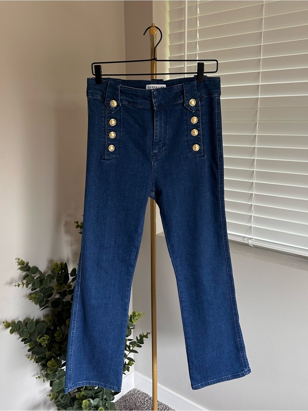 Derek Lam Blue Cropped Flare Jeans with Gold Buttons
